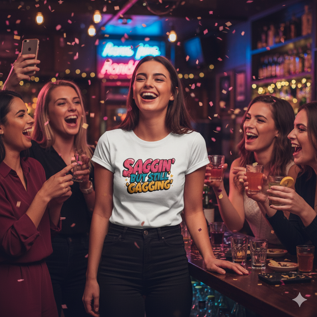 Saggin’ But Still Gaggin’ Funny Graphic T-Shirt | Too Fab For This Planet