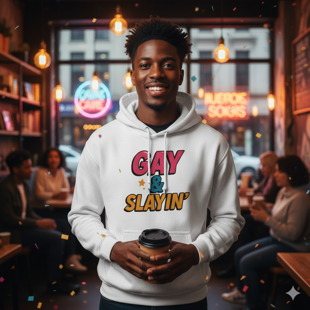 Gay & Slayin’ Hoodie – White | Sizes S–5XL